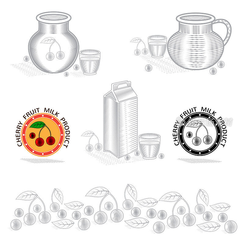 Packing concept element for dry cherry yogurt or cream. Vector design with illustration in woodcut or engraving style